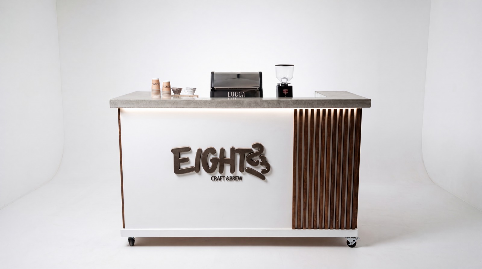 The Eight23 Craft & Brew mobile espresso cart set up and ready to serve at an event